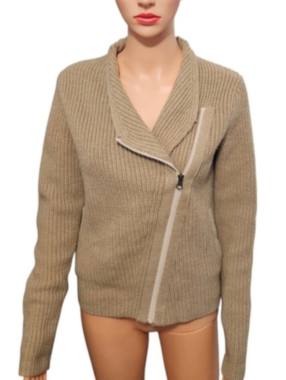 Athleta Stowe Moto Zip Merino Wool Asymetrical Beige Knit Cardigan Sweater Sz S